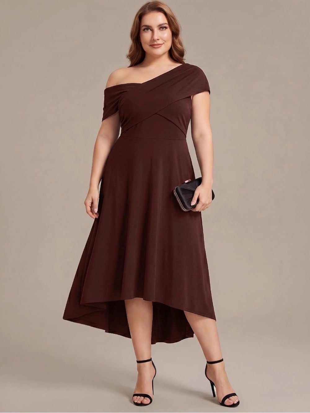 Off-Shoulder Chocolate Brown A-Line Midi Dress